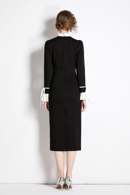 Black French Paneled Button Down Slim Fit Dress-3