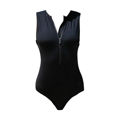 Black One Piece Body Sculpt Zipper Swimsuit-3