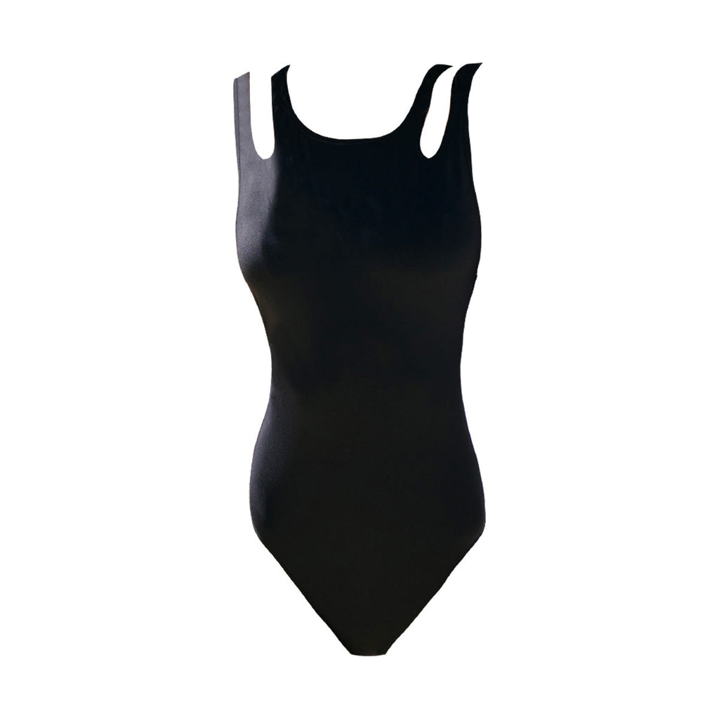 Black One Piece Swimsuit with Cut Out Sleeves-3