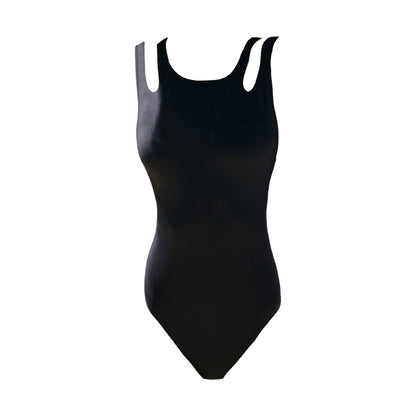 Black One Piece Swimsuit with Cut Out Sleeves-3
