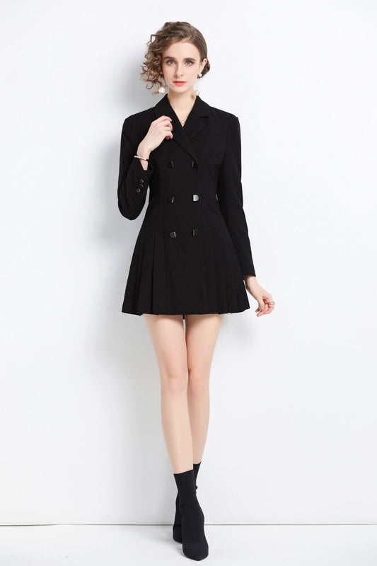 Black Pleated Cocktail Business Blazer Dress-0