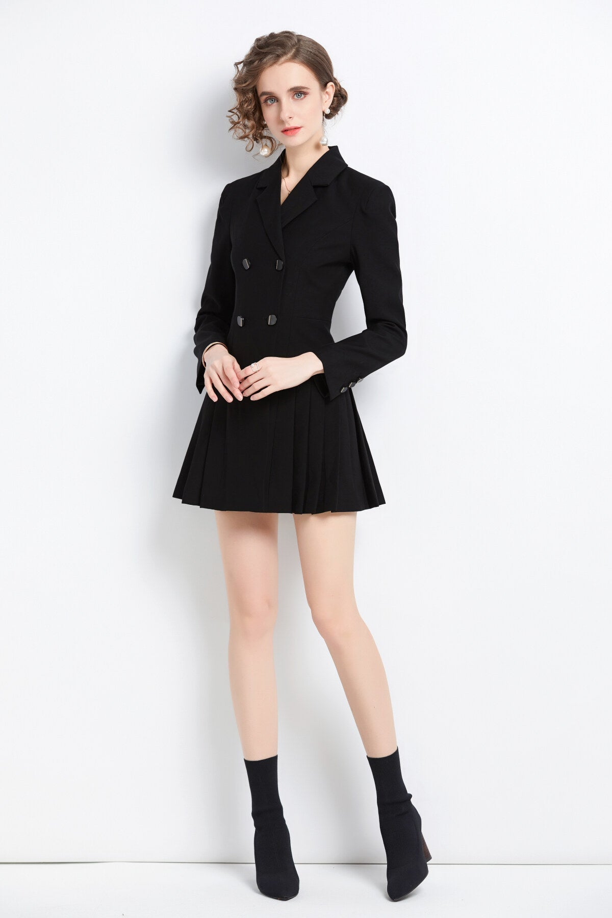 Black Pleated Cocktail Business Blazer Dress-2