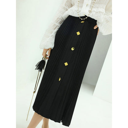 Black Pleated Skirt With Gold Metal Buttons-0