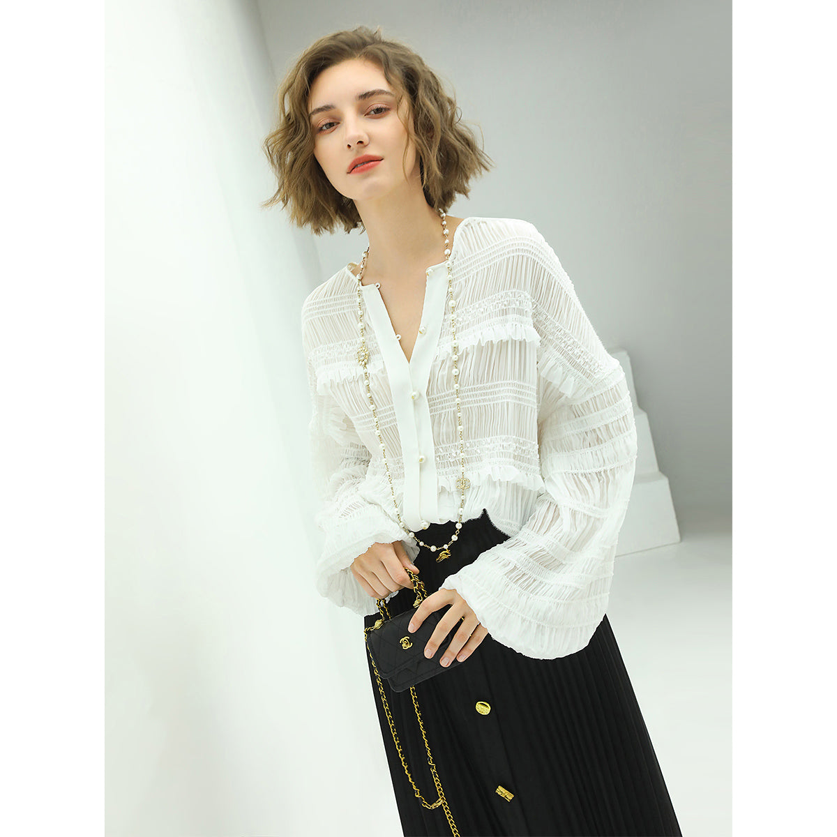 Black Pleated Skirt With Gold Metal Buttons-2