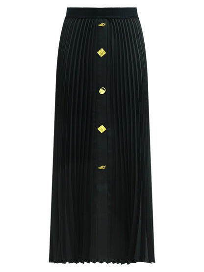 Black Pleated Skirt With Gold Metal Buttons-3