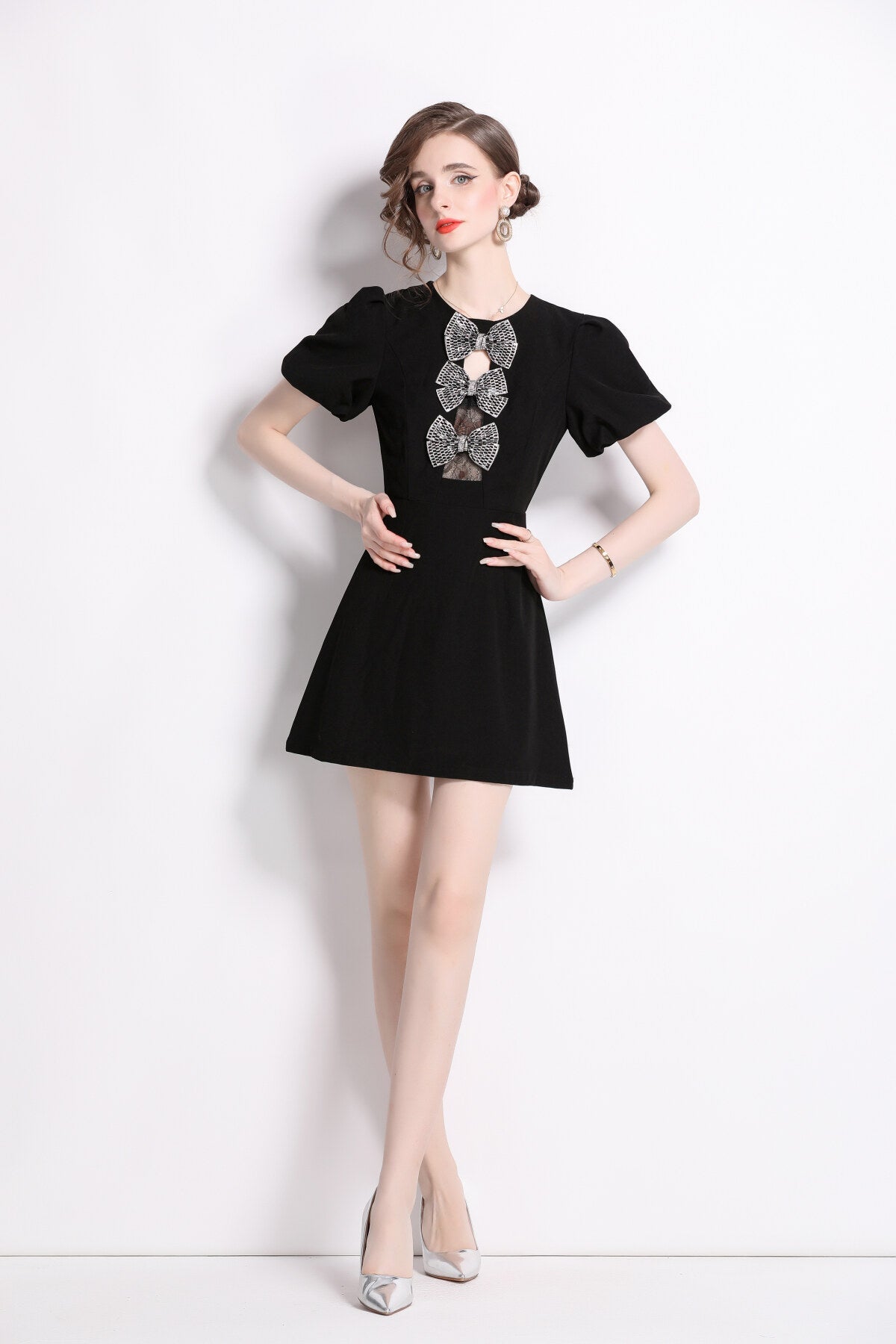 Black Puff Sleeve A Line Mini Dress-0