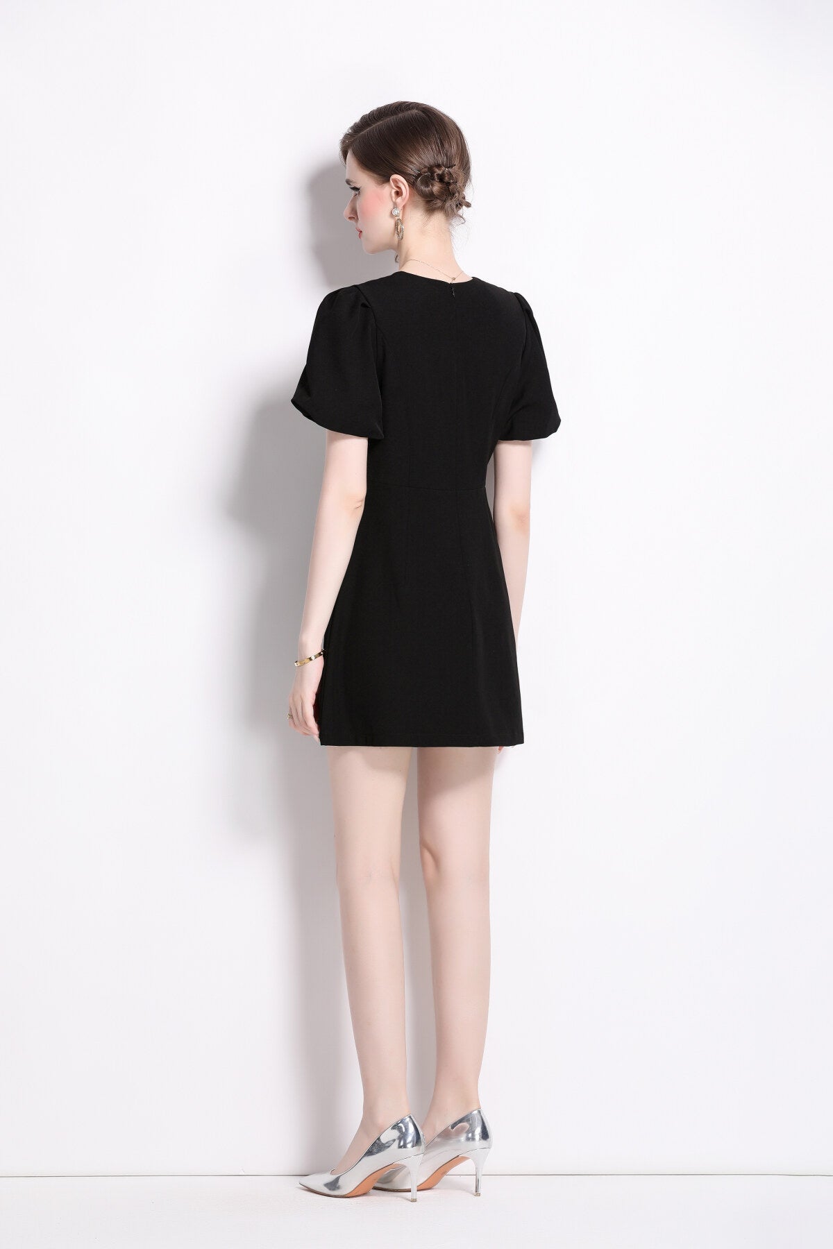 Black Puff Sleeve A Line Mini Dress-3