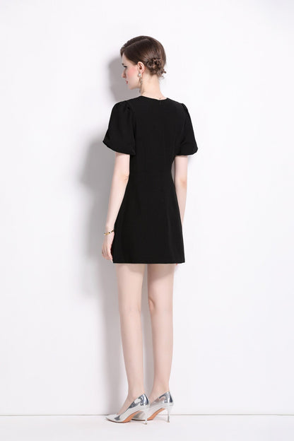 Black Puff Sleeve A Line Mini Dress-3