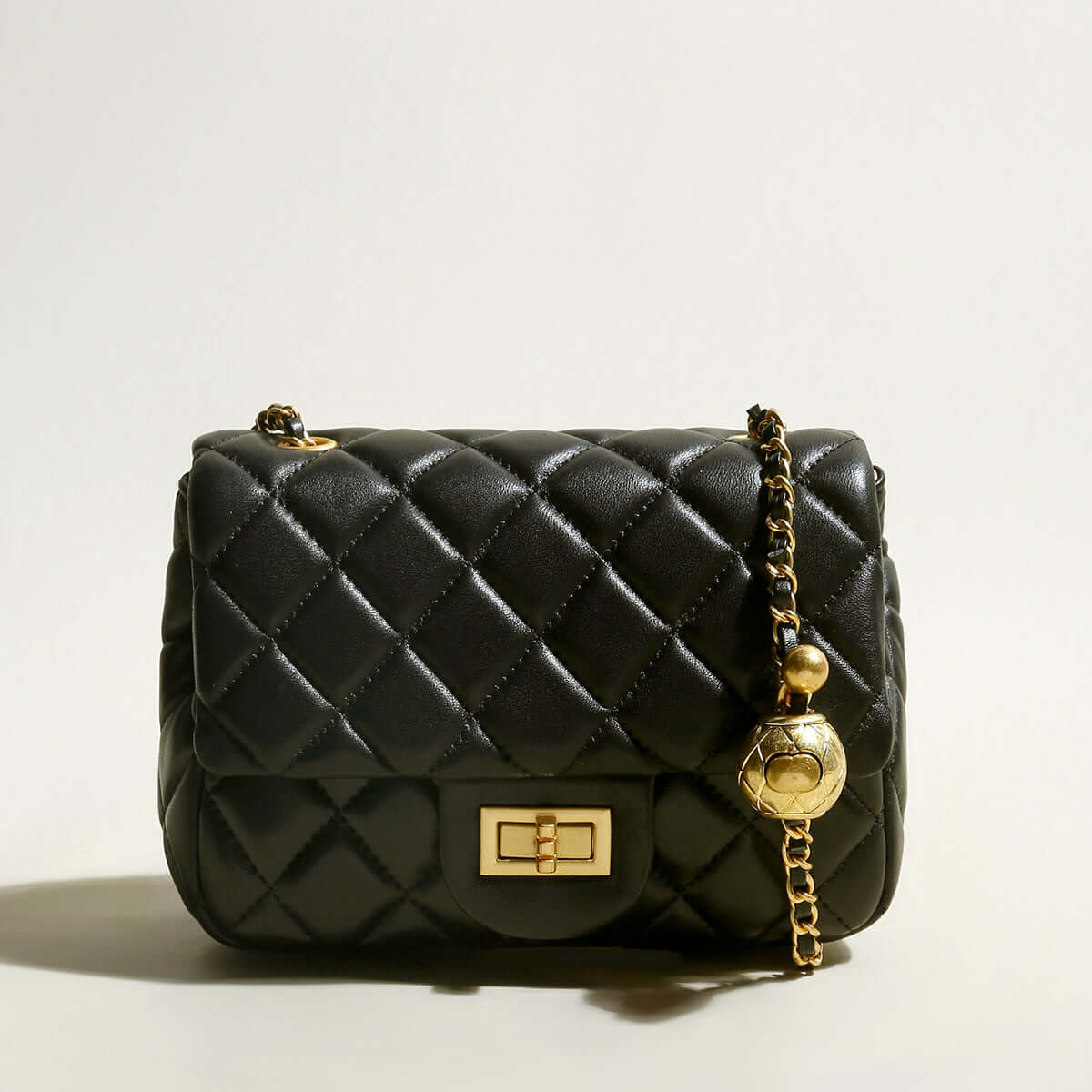 Black Quilted Bag with Golden Ball Leather Chain Straps-0