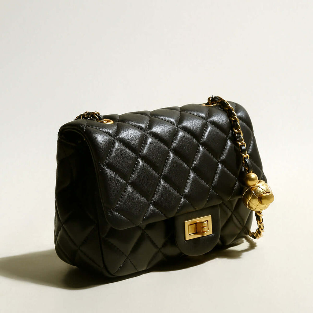 Black Quilted Bag with Golden Ball Leather Chain Straps-1