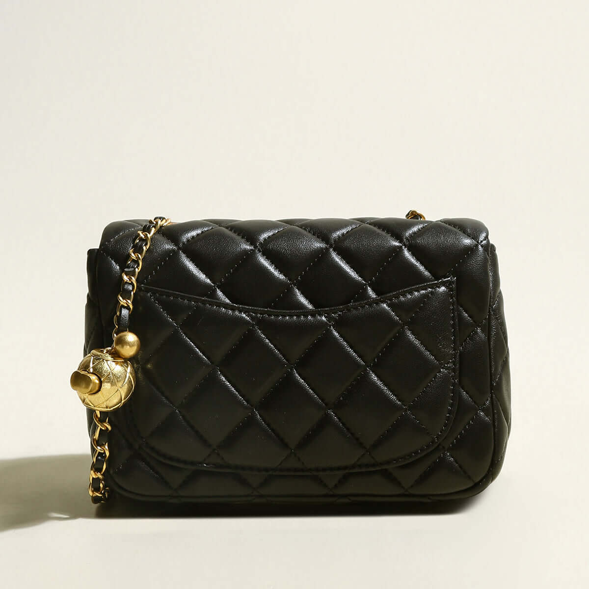 Black Quilted Bag with Golden Ball Leather Chain Straps-2