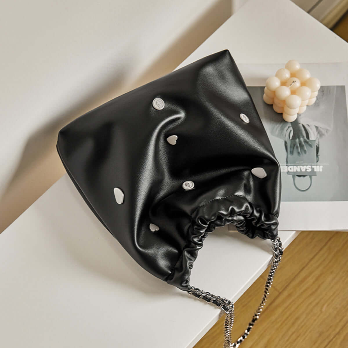 Black Rivet Studded Leather Tote Bag-1