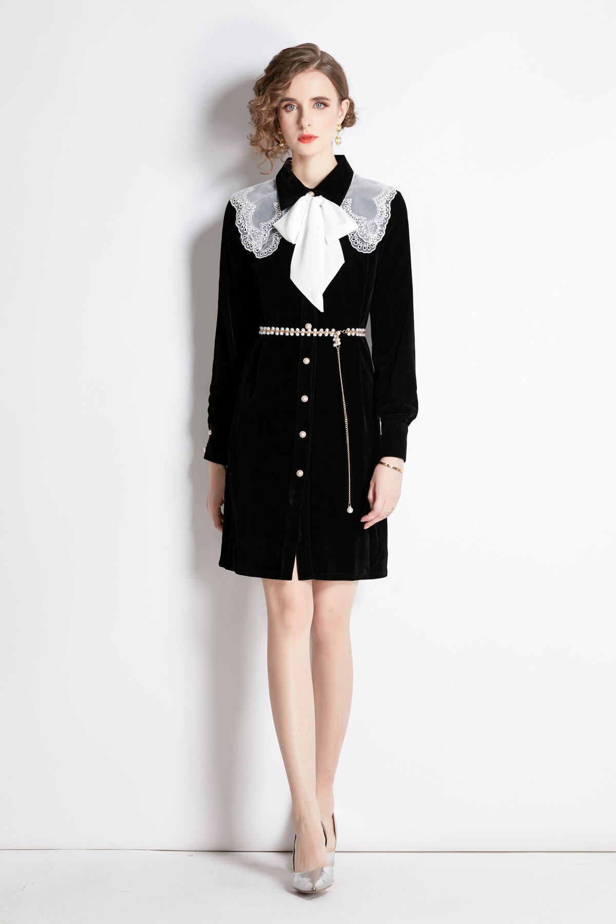 Black Velvet Embroidered Collar Button Up Long Sleeve Dress-0