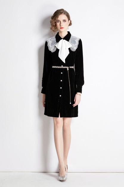 Black Velvet Embroidered Collar Button Up Long Sleeve Dress-0