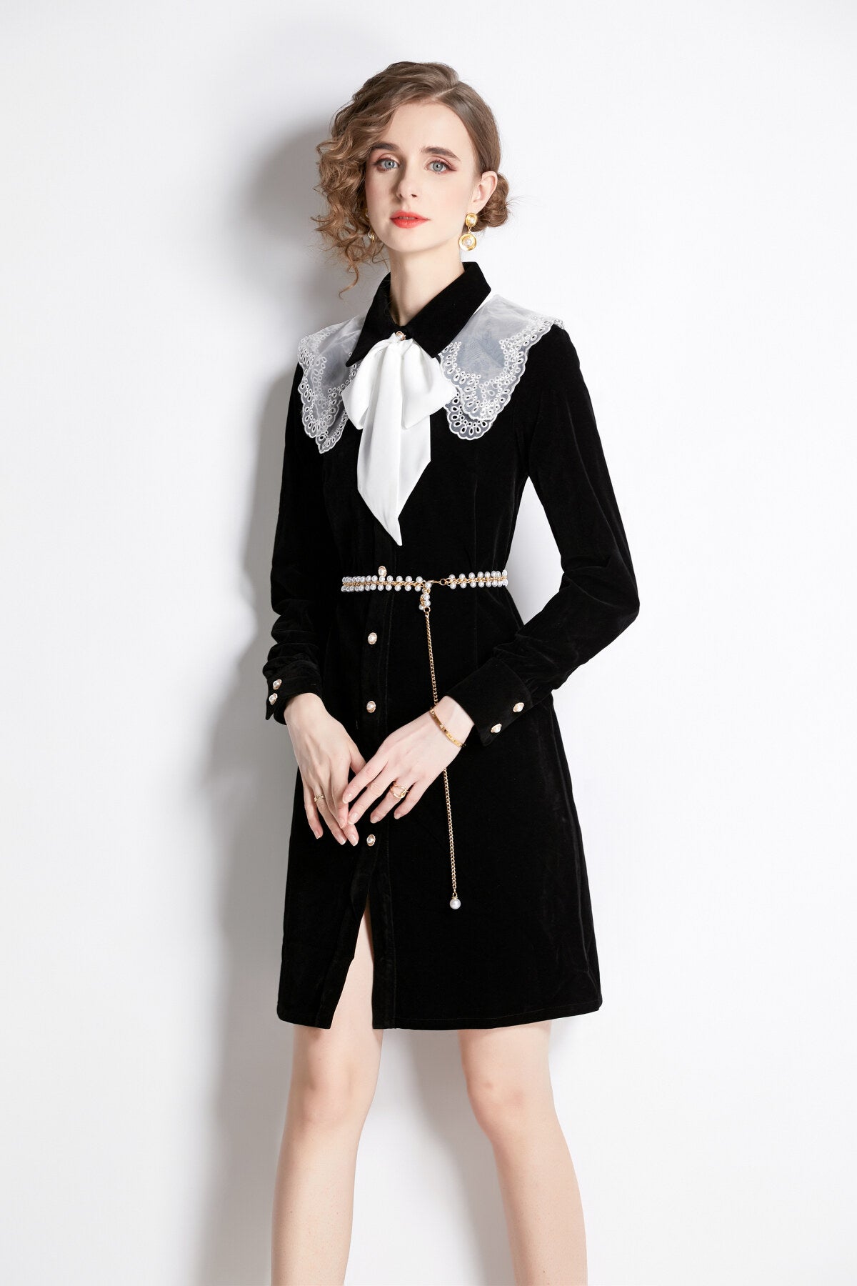 Black Velvet Embroidered Collar Button Up Long Sleeve Dress-1