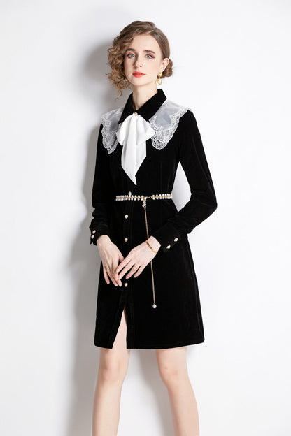 Black Velvet Embroidered Collar Button Up Long Sleeve Dress-1