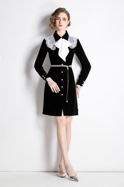 Black Velvet Embroidered Collar Button Up Long Sleeve Dress-2
