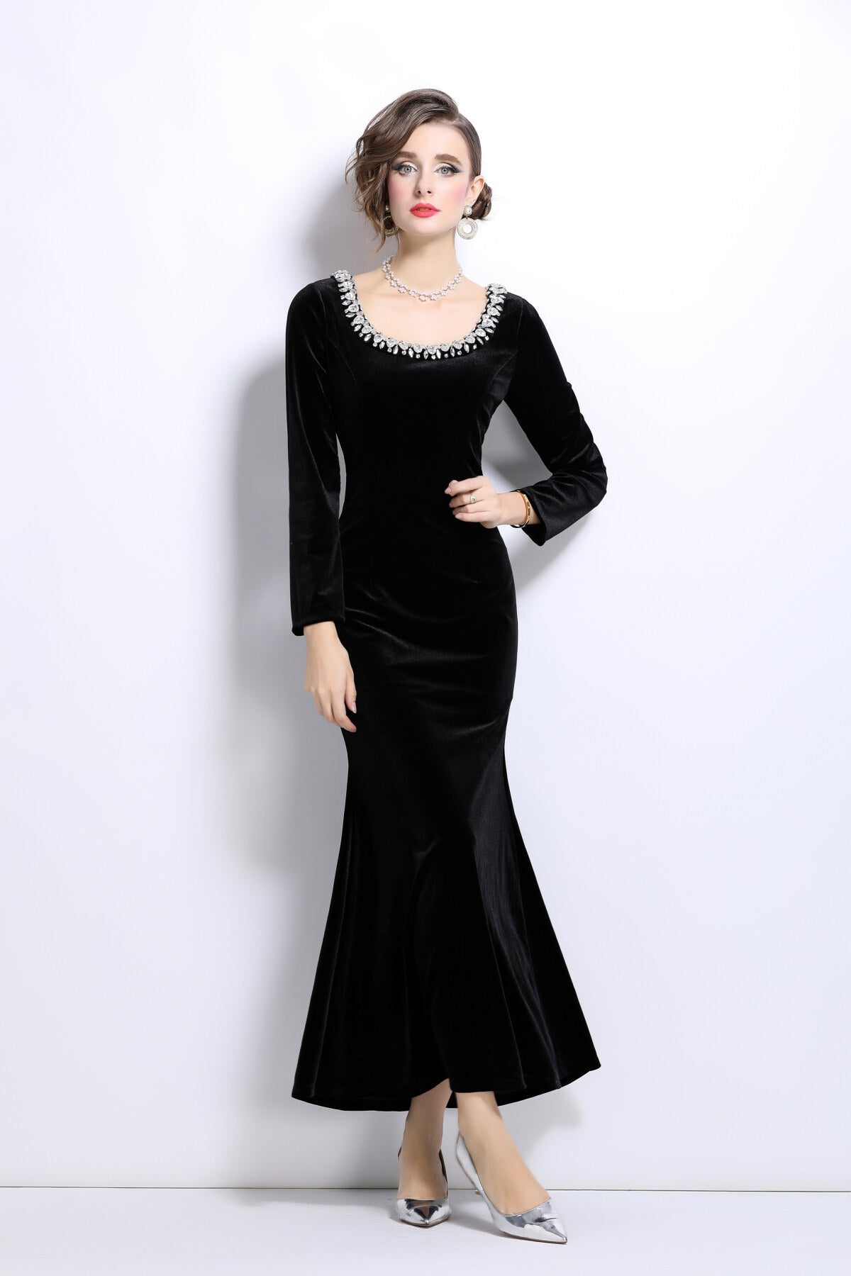 Black Velvet Vintage Fishtail Dress-0