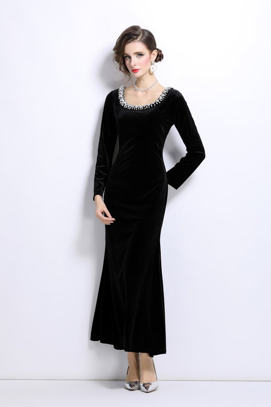 Black Velvet Vintage Fishtail Dress-1