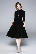 Black Velvet Vintage Stand Collar Fit and Flare Dress-0
