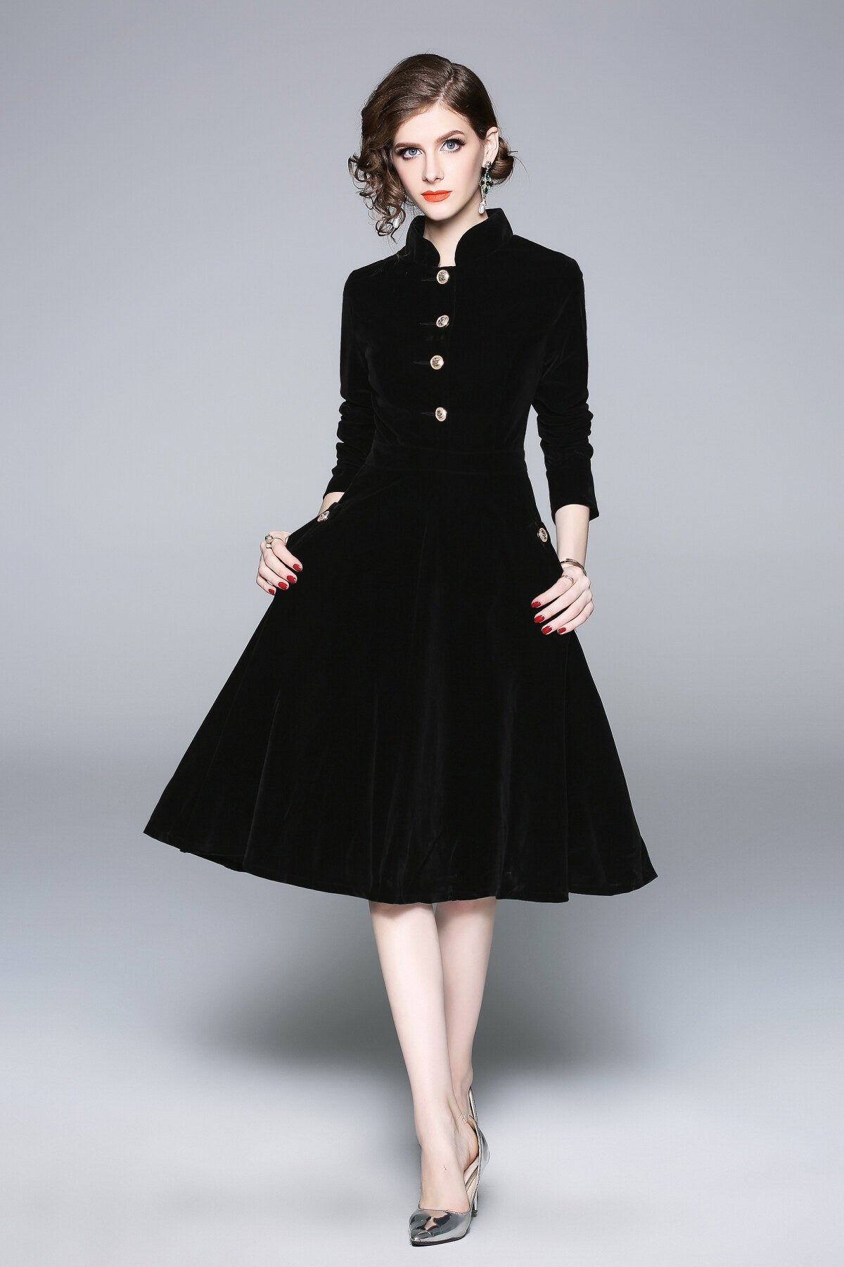 Black Velvet Vintage Stand Collar Fit and Flare Dress-0