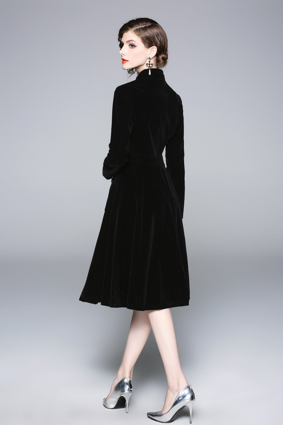 Black Velvet Vintage Stand Collar Fit and Flare Dress-3