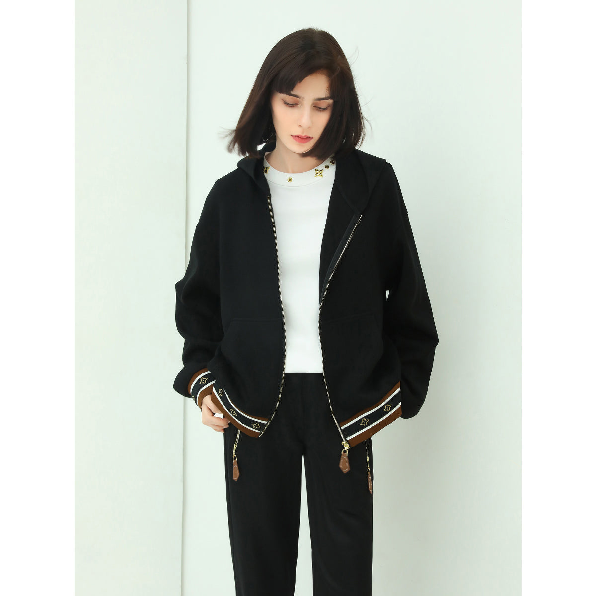 Black Zip-Through Hooded Jacket with Hem and Cuff Piping-0