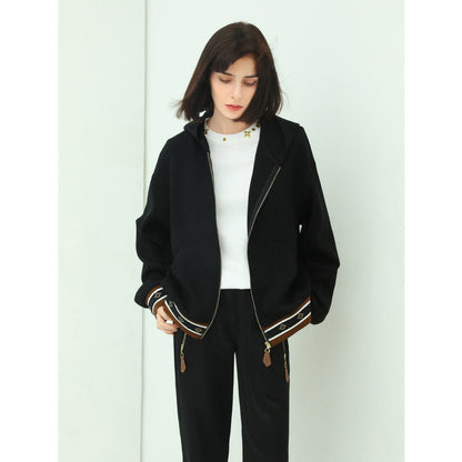 Black Zip-Through Hooded Jacket with Hem and Cuff Piping-0
