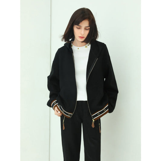 Black Zip-Through Hooded Jacket with Hem and Cuff Piping-0