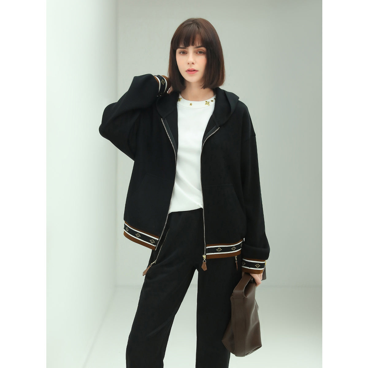 Black Zip-Through Hooded Jacket with Hem and Cuff Piping-1