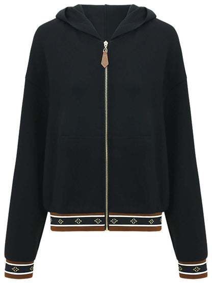 Black Zip-Through Hooded Jacket with Hem and Cuff Piping-3