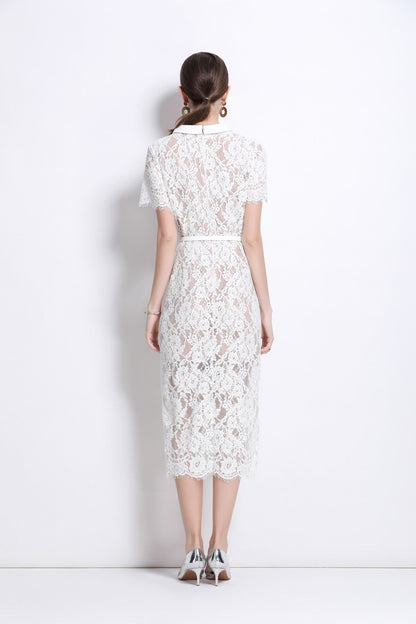 Blanca Slim Fit Round Neck Button Down Lace Dress-3