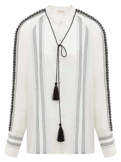 Bohemian White Lace Panel Striped Shirt-3