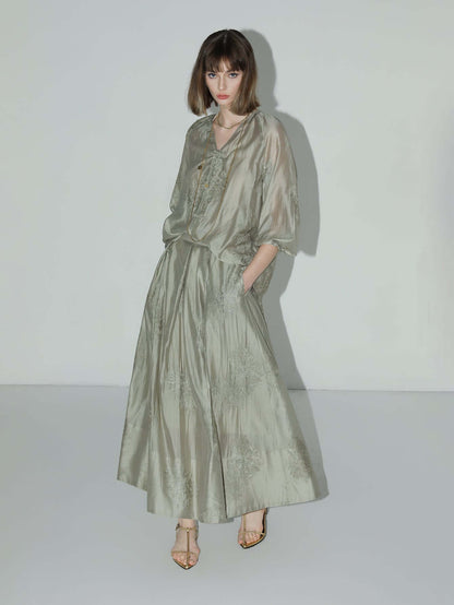 Brocade Button Embroidered Mint Green Kaftan Dress-0