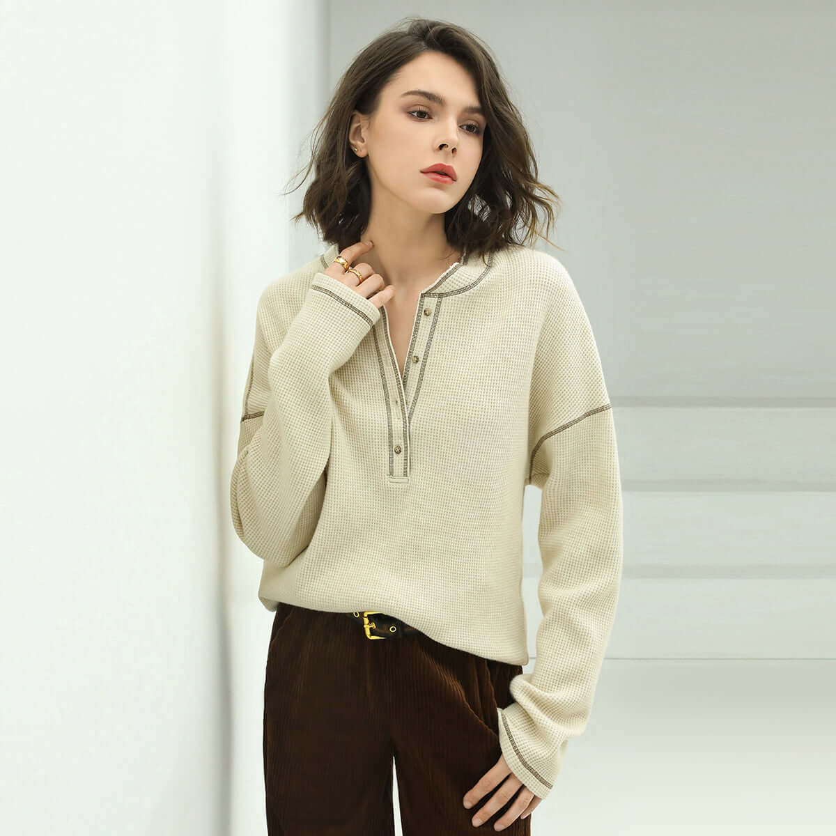 Casual Cream Half-Button Pullover Sweater with Contrast Lined Details-0
