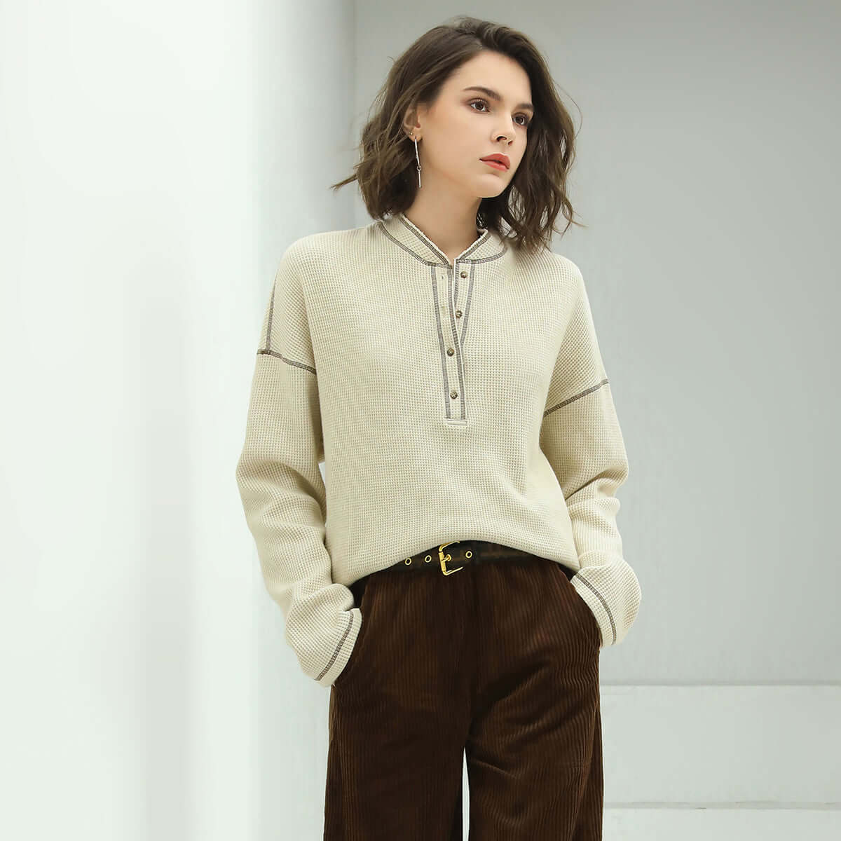 Casual Cream Half-Button Pullover Sweater with Contrast Lined Details-1