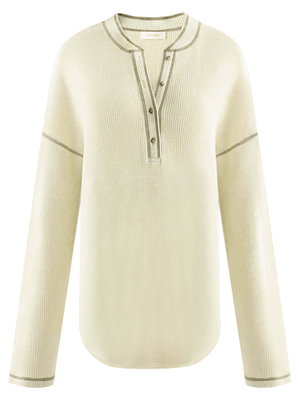 Casual Cream Half-Button Pullover Sweater with Contrast Lined Details-3