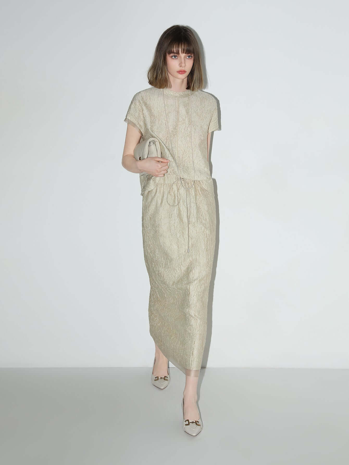 Champagne Satin Tee with Crumpled Texture-1