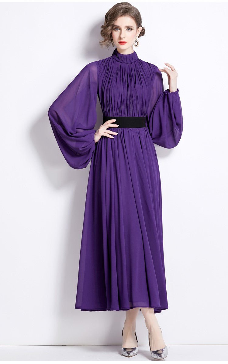 Cinched Waist Flowing Purple Chiffon Maxi Dress-1