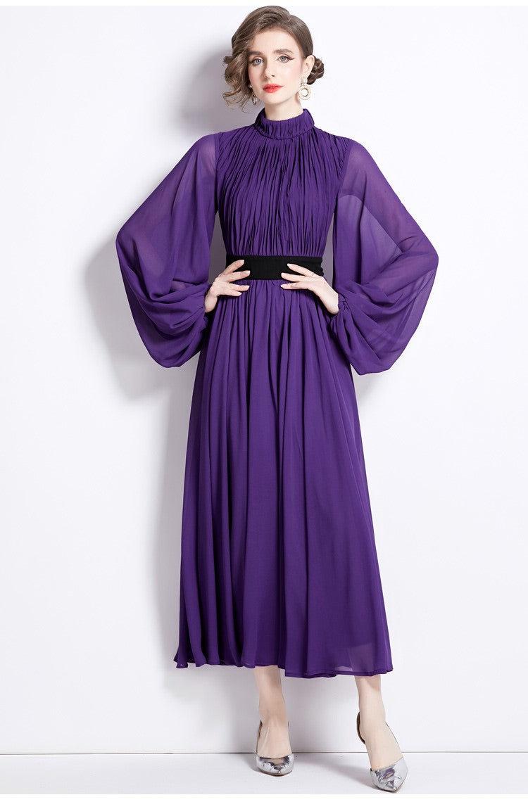 Cinched Waist Flowing Purple Chiffon Maxi Dress-2