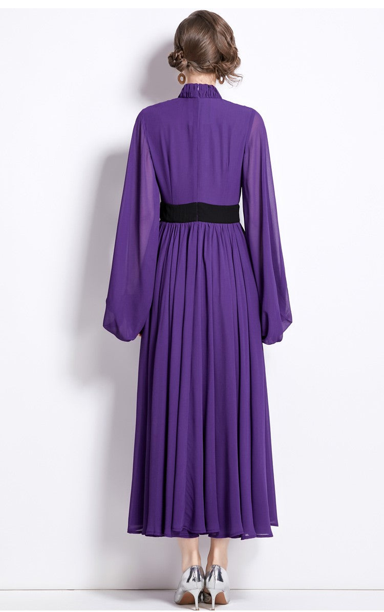 Cinched Waist Flowing Purple Chiffon Maxi Dress-3