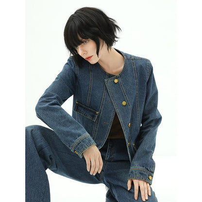Collarless Blue Denim Jacket-0