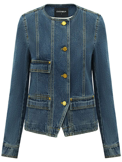 Collarless Blue Denim Jacket-3