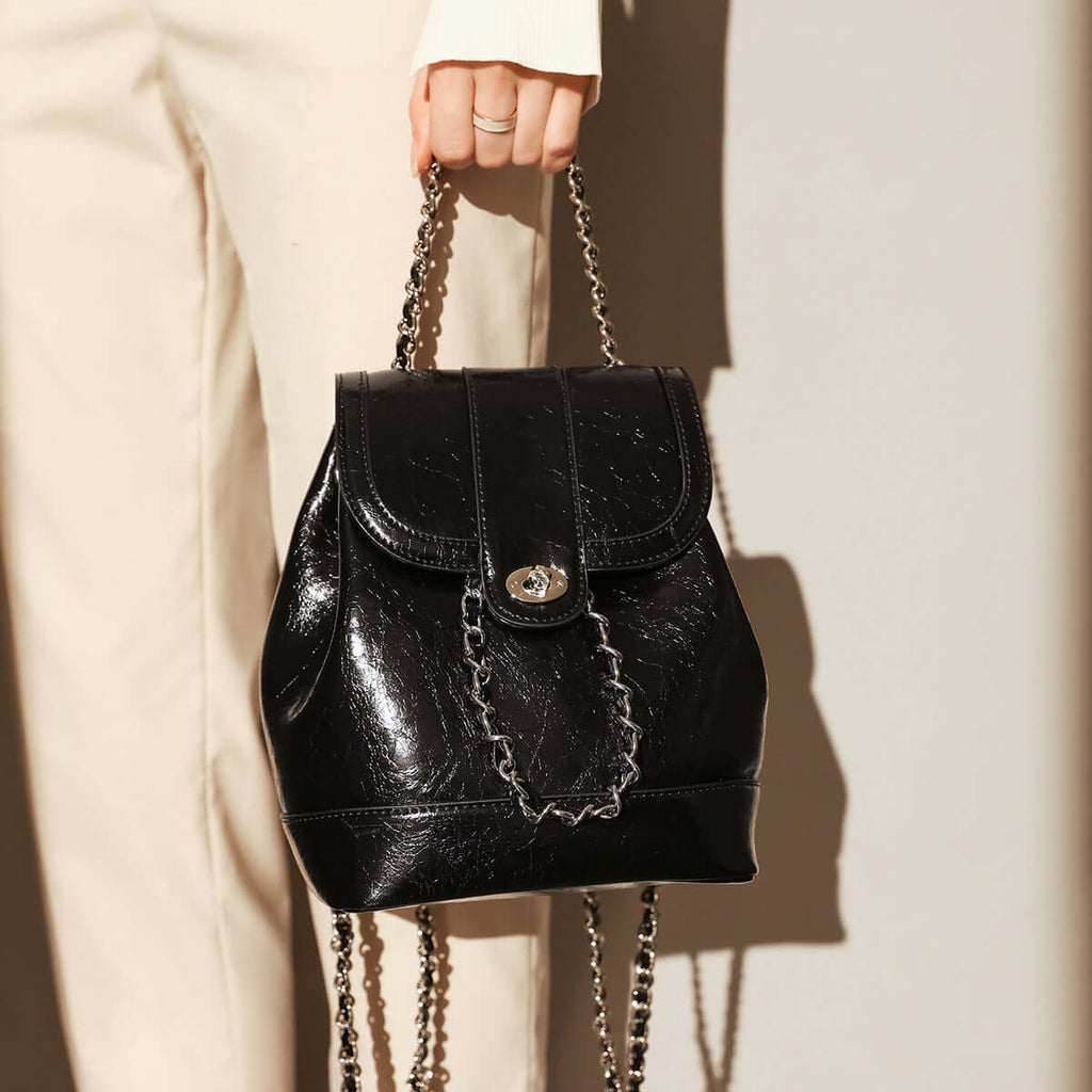 Color Block Backpack with Chain Leather Straps-1