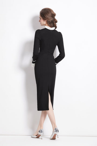 Colorblock Petal Collar Black Midi Dress-3