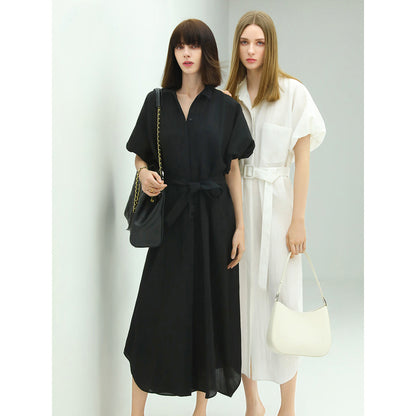 Corporate Puff Sleeved Belted Shirt Dress-2