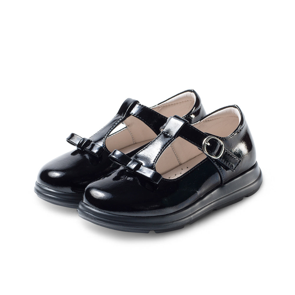 Cute Girls Soft Sole Patent Black T-Bar School Shoes-1