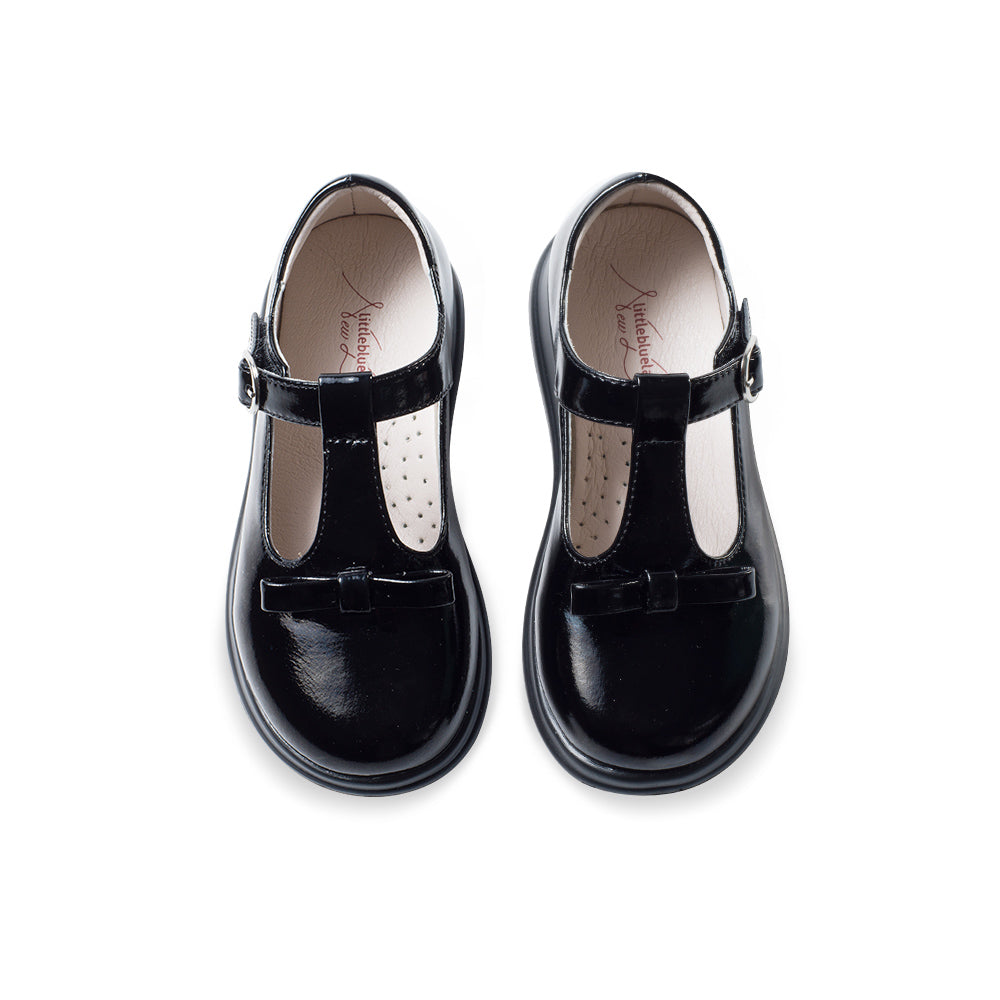 Cute Girls Soft Sole Patent Black T-Bar School Shoes-4