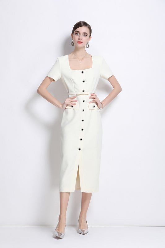 Daisy White Square Neck Short Sleeve Slim Fit Dress-0