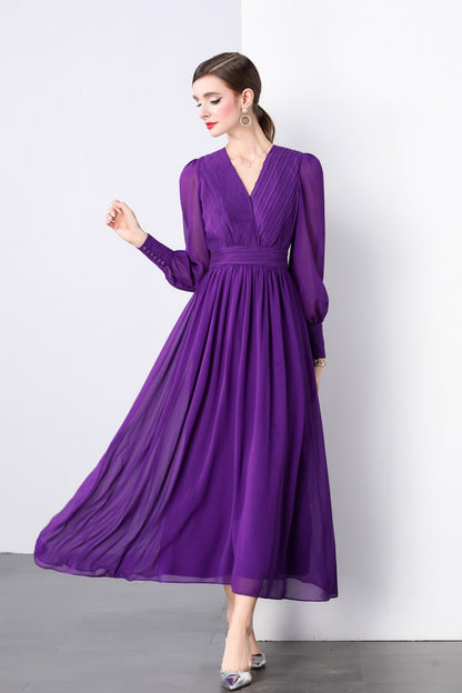 Deep Purple Long Sleeve V Neck Ruched Waist Maxi Dress-2